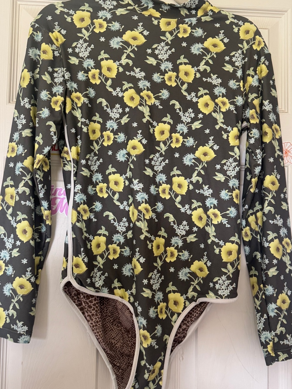 acacia swimwear Black Floral Long-Sleeve One-Piece with Yellow Flowers
